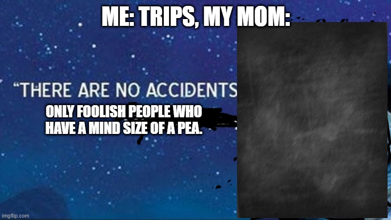 There are no accidents | ME: TRIPS, MY MOM:; ONLY FOOLISH PEOPLE WHO HAVE A MIND SIZE OF A PEA. | image tagged in there are no accidents | made w/ Imgflip meme maker