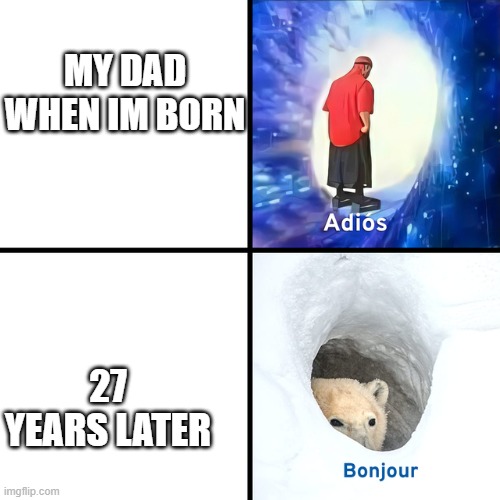 Adios Bonjour | MY DAD WHEN IM BORN; 27 YEARS LATER | image tagged in adios bonjour | made w/ Imgflip meme maker