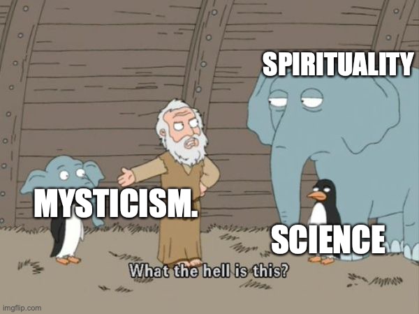 Mysticism | SPIRITUALITY; MYSTICISM.                                                                      SCIENCE | image tagged in what the hell is this | made w/ Imgflip meme maker