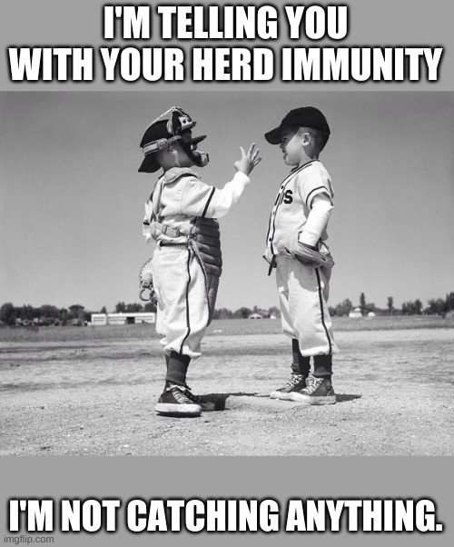 kids baseball | I'M TELLING YOU WITH YOUR HERD IMMUNITY I'M NOT CATCHING ANYTHING. | image tagged in kids baseball | made w/ Imgflip meme maker