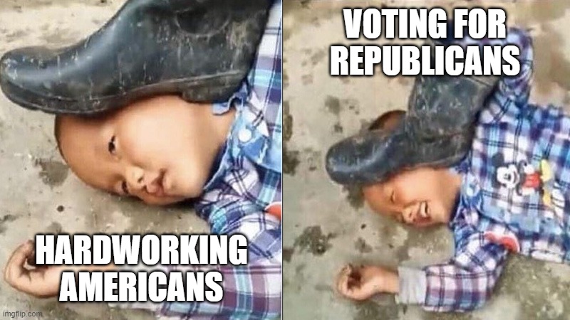 Pressing a Boot on Your Own Head | VOTING FOR
REPUBLICANS HARDWORKING
AMERICANS | image tagged in pressing a boot on your own head | made w/ Imgflip meme maker
