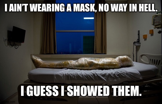 Coronavirus | I AIN’T WEARING A MASK, NO WAY IN HELL. I GUESS I SHOWED THEM. | image tagged in funny | made w/ Imgflip meme maker