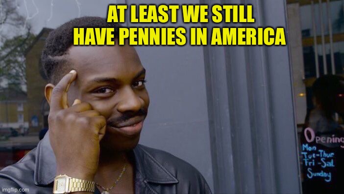 Roll Safe Think About It Meme | AT LEAST WE STILL HAVE PENNIES IN AMERICA | image tagged in memes,roll safe think about it | made w/ Imgflip meme maker