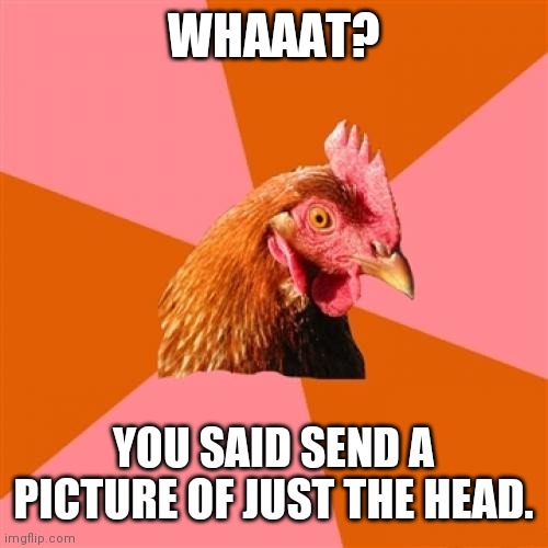 Anti Joke Chicken | WHAAAT? YOU SAID SEND A PICTURE OF JUST THE HEAD. | image tagged in memes,anti joke chicken | made w/ Imgflip meme maker