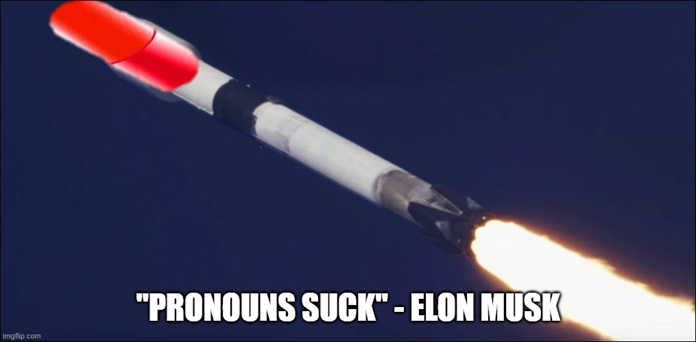 red space x | "PRONOUNS SUCK" - ELON MUSK | image tagged in red space x | made w/ Imgflip meme maker