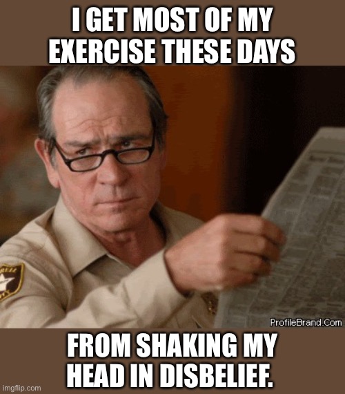 Lot of exercise lately | I GET MOST OF MY EXERCISE THESE DAYS; FROM SHAKING MY HEAD IN DISBELIEF. | image tagged in exercise,shake,head,memes,funny,unbelievable | made w/ Imgflip meme maker