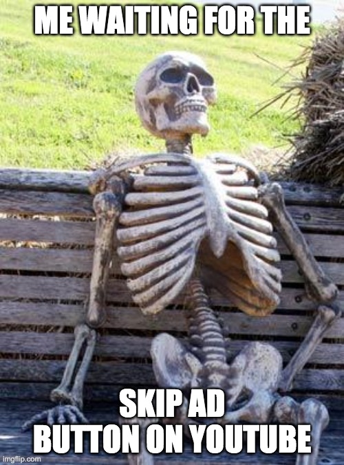 never gonna give you up | ME WAITING FOR THE; SKIP AD BUTTON ON YOUTUBE | image tagged in memes,waiting skeleton | made w/ Imgflip meme maker