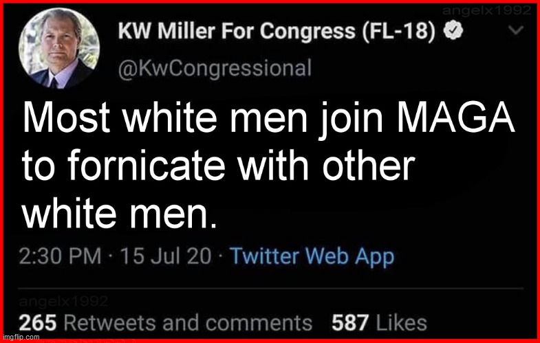 image tagged in maga,kw miller,florida,lgbtq,fornicate,republicans | made w/ Imgflip meme maker