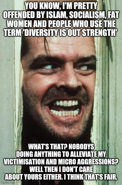 Here's Johnny | YOU KNOW, I'M PRETTY OFFENDED BY ISLAM, SOCIALISM, FAT WOMEN AND PEOPLE WHO USE THE TERM 'DIVERSITY IS OUT STRENGTH'; WHAT'S THAT? NOBODYS DOING ANYTHING TO ALLEVIATE MY VICTIMISATION AND MICRO AGGRESSIONS? WELL THEN I DON'T CARE ABOUT YOURS EITHER. I THINK THAT'S FAIR. | image tagged in memes,here's johnny | made w/ Imgflip meme maker