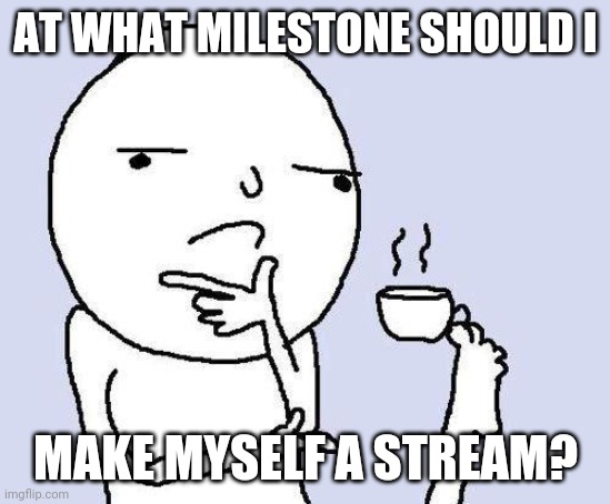 I wonder | AT WHAT MILESTONE SHOULD I; MAKE MYSELF A STREAM? | image tagged in thinking meme | made w/ Imgflip meme maker