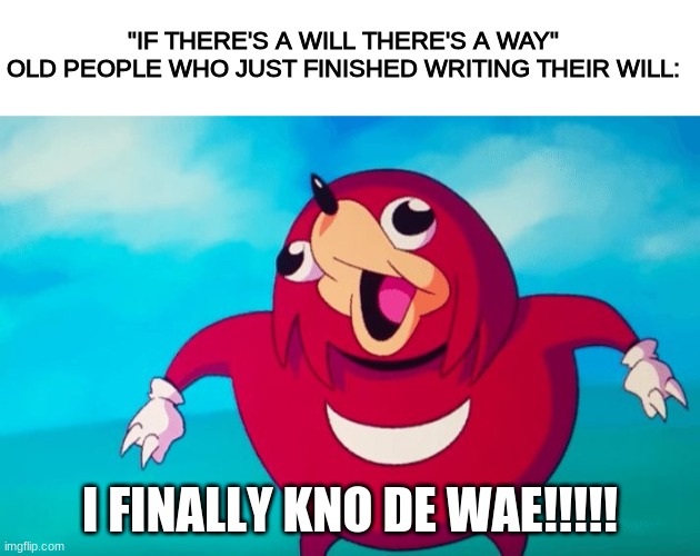 "IF THERE'S A WILL THERE'S A WAY"
OLD PEOPLE WHO JUST FINISHED WRITING THEIR WILL:; I FINALLY KNO DE WAE!!!!! | image tagged in ugandan knuckles | made w/ Imgflip meme maker