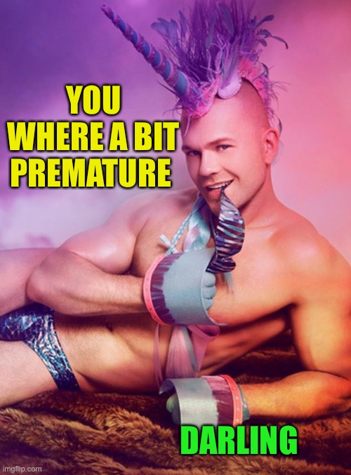 Sexy Gay Unicorn | YOU WHERE A BIT PREMATURE DARLING | image tagged in sexy gay unicorn | made w/ Imgflip meme maker