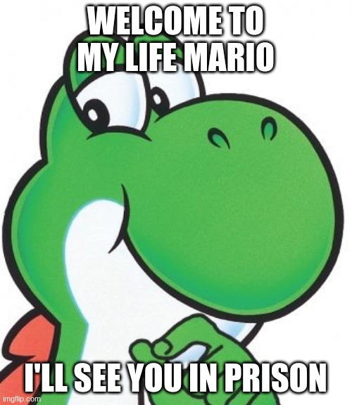 Thinking Yoshi | WELCOME TO MY LIFE MARIO I'LL SEE YOU IN PRISON | image tagged in thinking yoshi | made w/ Imgflip meme maker