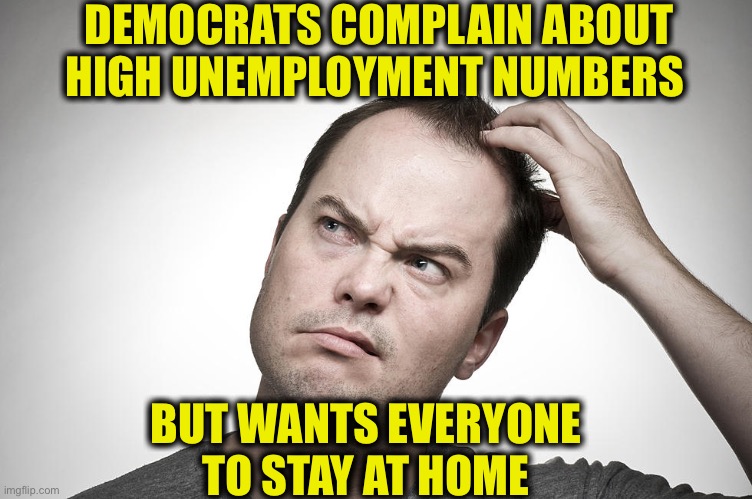 Which were at record lows before the China Virus | DEMOCRATS COMPLAIN ABOUT HIGH UNEMPLOYMENT NUMBERS; BUT WANTS EVERYONE TO STAY AT HOME | image tagged in democrats,democratic party,liberal logic,liberal hypocrisy,unemployment,covid-19 | made w/ Imgflip meme maker