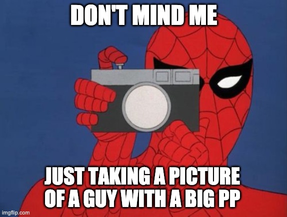 freeze my boys | DON'T MIND ME; JUST TAKING A PICTURE OF A GUY WITH A BIG PP | image tagged in memes,spiderman camera,spiderman | made w/ Imgflip meme maker