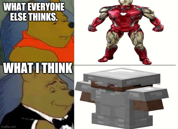 What i think of iron man | WHAT EVERYONE ELSE THINKS. WHAT I THINK | image tagged in fancy winnie the pooh meme | made w/ Imgflip meme maker