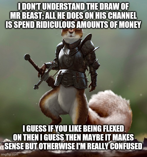 Ready Squirrel | I DON'T UNDERSTAND THE DRAW OF MR BEAST; ALL HE DOES ON HIS CHANNEL IS SPEND RIDICULOUS AMOUNTS OF MONEY; I GUESS IF YOU LIKE BEING FLEXED ON THEN I GUESS THEN MAYBE IT MAKES SENSE BUT OTHERWISE I'M REALLY CONFUSED | image tagged in ready squirrel | made w/ Imgflip meme maker
