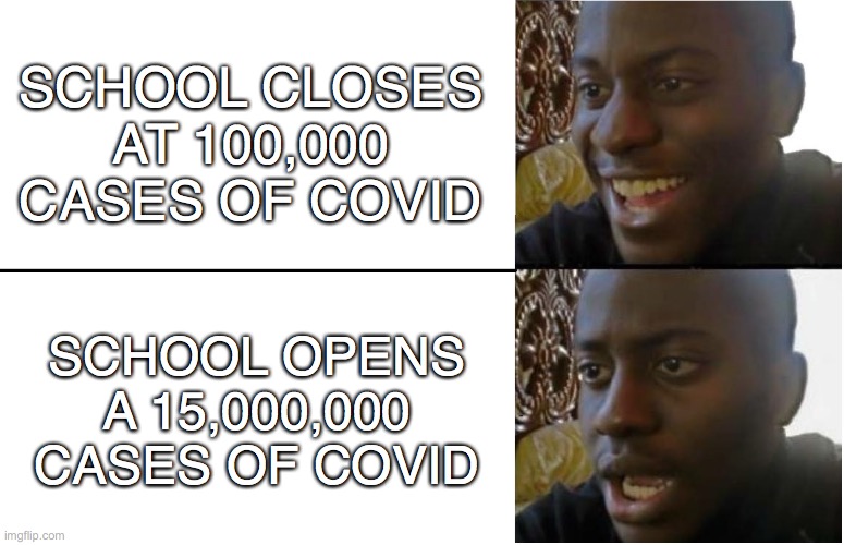Small Brain move | SCHOOL CLOSES AT 100,000 CASES OF COVID; SCHOOL OPENS A 15,000,000 CASES OF COVID | image tagged in disappointed black guy,memes,funny,pandaboyplaysyt | made w/ Imgflip meme maker