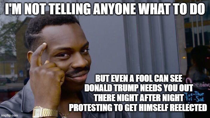 Roll Safe When You're Out There Think About It | I'M NOT TELLING ANYONE WHAT TO DO; BUT EVEN A FOOL CAN SEE DONALD TRUMP NEEDS YOU OUT THERE NIGHT AFTER NIGHT PROTESTING TO GET HIMSELF REELECTED | image tagged in memes,roll safe think about it,protesters,protestors,anti trump protest,protesting | made w/ Imgflip meme maker