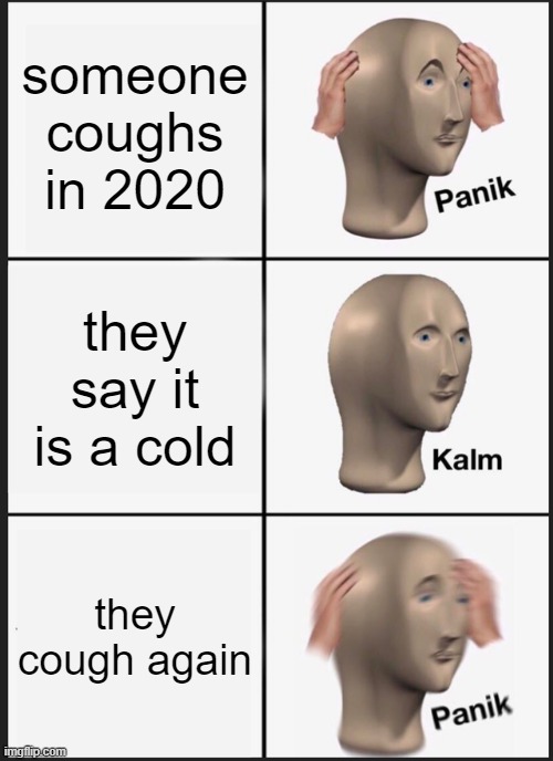 Panik Kalm Panik Meme | someone coughs in 2020; they say it is a cold; they cough again | image tagged in memes,panik kalm panik | made w/ Imgflip meme maker