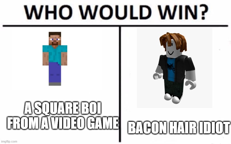 Who Would Win? Meme | A SQUARE BOI FROM A VIDEO GAME; BACON HAIR IDIOT | image tagged in memes,who would win | made w/ Imgflip meme maker