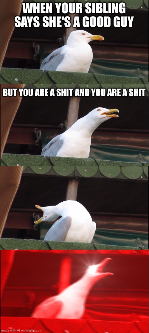 Inhaling Seagull | WHEN YOUR SIBLING SAYS SHE'S A GOOD GUY; BUT YOU ARE A SHIT AND YOU ARE A SHIT | image tagged in memes,inhaling seagull | made w/ Imgflip meme maker