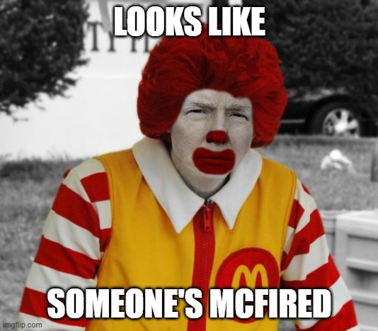 Ronald Mcdonald Trump | LOOKS LIKE SOMEONE'S MCFIRED | image tagged in ronald mcdonald trump | made w/ Imgflip meme maker