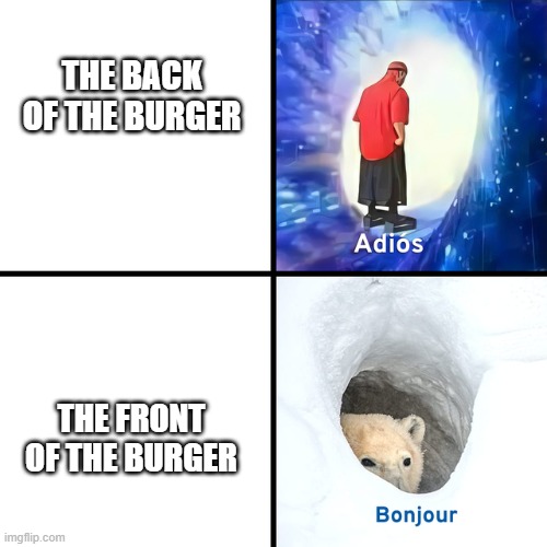 Adios Bonjour | THE BACK OF THE BURGER; THE FRONT OF THE BURGER | image tagged in adios bonjour | made w/ Imgflip meme maker