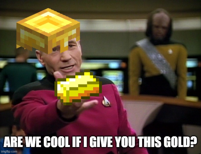 Captain Picard WTF! | ARE WE COOL IF I GIVE YOU THIS GOLD? | image tagged in captain picard wtf | made w/ Imgflip meme maker