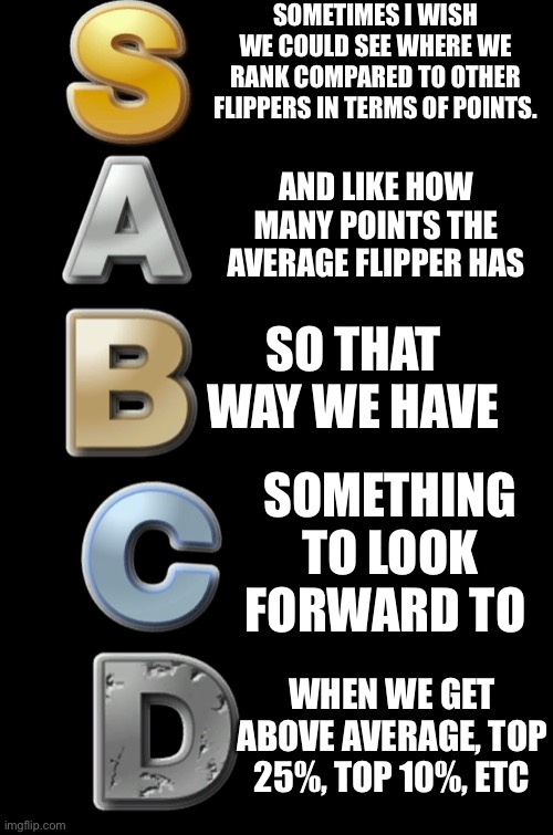 I wish there was like an all inclusive leaderboard or something | SOMETIMES I WISH WE COULD SEE WHERE WE RANK COMPARED TO OTHER FLIPPERS IN TERMS OF POINTS. AND LIKE HOW MANY POINTS THE AVERAGE FLIPPER HAS; SO THAT WAY WE HAVE; SOMETHING TO LOOK FORWARD TO; WHEN WE GET ABOVE AVERAGE, TOP 25%, TOP 10%, ETC | image tagged in s-a-b-c-d | made w/ Imgflip meme maker