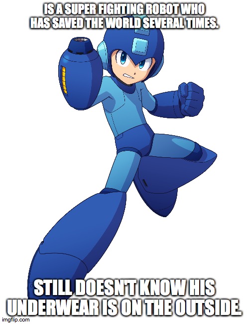 Mega Man | IS A SUPER FIGHTING ROBOT WHO HAS SAVED THE WORLD SEVERAL TIMES. STILL DOESN'T KNOW HIS UNDERWEAR IS ON THE OUTSIDE. | image tagged in megaman | made w/ Imgflip meme maker