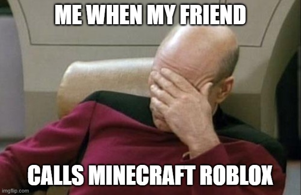Captain Picard Facepalm | ME WHEN MY FRIEND; CALLS MINECRAFT ROBLOX | image tagged in memes,captain picard facepalm | made w/ Imgflip meme maker