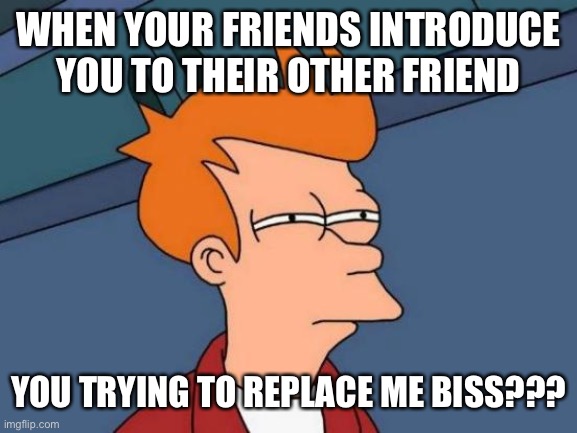 Me | WHEN YOUR FRIENDS INTRODUCE YOU TO THEIR OTHER FRIEND; YOU TRYING TO REPLACE ME BISS??? | image tagged in memes,futurama fry | made w/ Imgflip meme maker