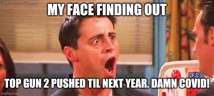 Joey freakout | MY FACE FINDING OUT; TOP GUN 2 PUSHED TIL NEXT YEAR. DAMN COVID! | image tagged in joey freakout | made w/ Imgflip meme maker