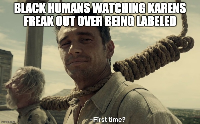 Karens will get no sympathy | BLACK HUMANS WATCHING KARENS FREAK OUT OVER BEING LABELED | image tagged in first time,blm | made w/ Imgflip meme maker