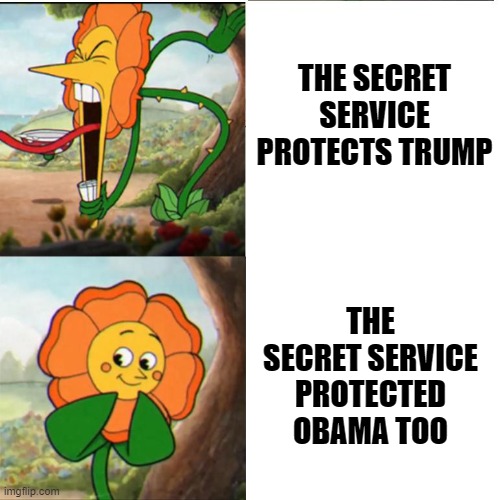 Cuphead Flower | THE SECRET SERVICE PROTECTS TRUMP; THE SECRET SERVICE PROTECTED OBAMA TOO | image tagged in cuphead flower | made w/ Imgflip meme maker