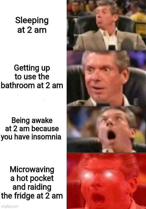 Topic: 2 am | Sleeping at 2 am; Getting up to use the bathroom at 2 am; Being awake at 2 am because you have insomnia; Microwaving a hot pocket and raiding the fridge at 2 am | image tagged in mr mcmahon reaction | made w/ Imgflip meme maker