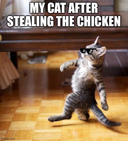 Cat Walking Like A Boss | MY CAT AFTER STEALING THE CHICKEN | image tagged in cat walking like a boss | made w/ Imgflip meme maker