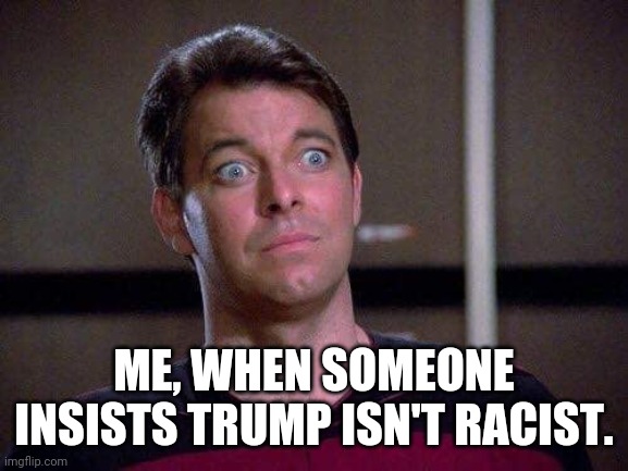 Surprised by Trump Supporter | ME, WHEN SOMEONE INSISTS TRUMP ISN'T RACIST. | image tagged in riker surprised,donald trump,racism | made w/ Imgflip meme maker