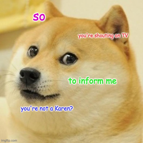 Doge gets Karened | so; you're shouting on TV; to inform me; you're not a Karen? | image tagged in memes,doge | made w/ Imgflip meme maker