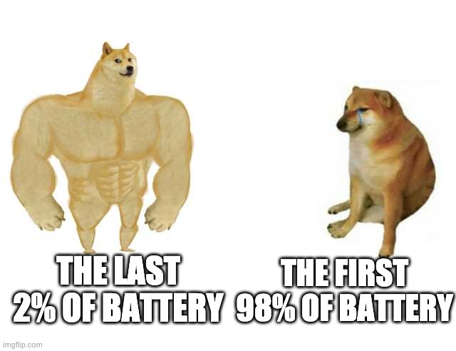 Buff Doge vs. Cheems | THE LAST 2% OF BATTERY; THE FIRST 98% OF BATTERY | image tagged in strong doge weak doge | made w/ Imgflip meme maker