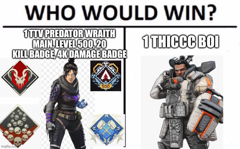 “Who Would Win?” Apex legends edition | 1 TTV PREDATOR WRAITH MAIN, LEVEL 500, 20 KILL BADGE, 4K DAMAGE BADGE; 1 THICCC BOI | image tagged in memes,who would win,apex legends | made w/ Imgflip meme maker