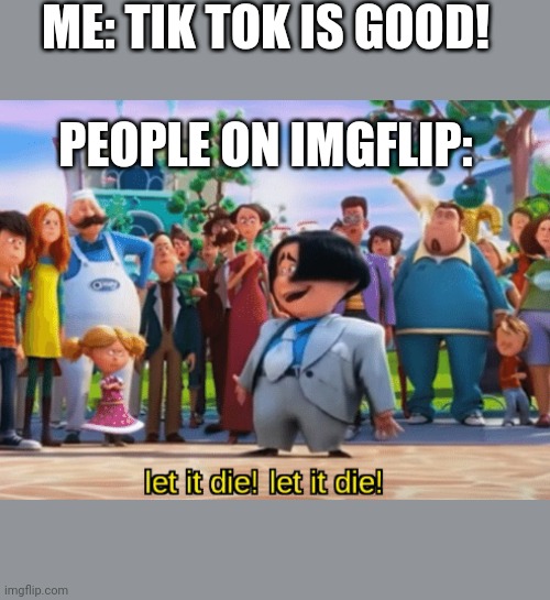 ME: TIK TOK IS GOOD! PEOPLE ON IMGFLIP: | image tagged in let it die let it die | made w/ Imgflip meme maker