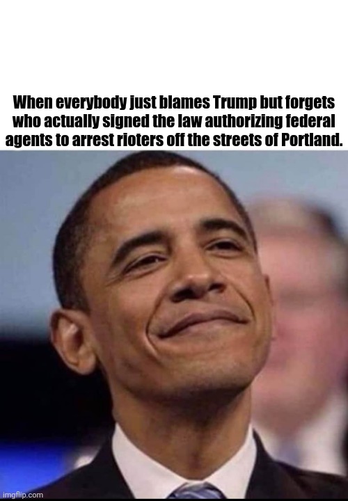 Obama portland | When everybody just blames Trump but forgets who actually signed the law authorizing federal agents to arrest rioters off the streets of Portland. | image tagged in obama,portland | made w/ Imgflip meme maker