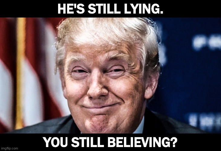 Sucker. | HE'S STILL LYING. YOU STILL BELIEVING? | image tagged in trump happy dilated flying zonked,trump,liar,believe | made w/ Imgflip meme maker