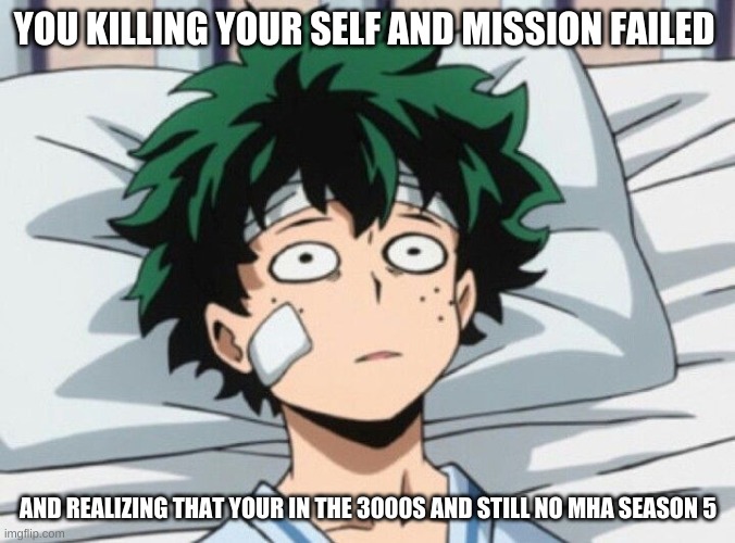 you in the 3000s | YOU KILLING YOUR SELF AND MISSION FAILED; AND REALIZING THAT YOUR IN THE 3000S AND STILL NO MHA SEASON 5 | image tagged in mha | made w/ Imgflip meme maker
