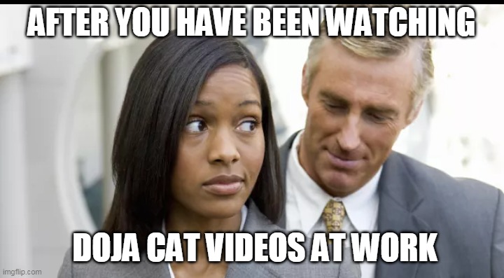 After you have been watching Doja Cat videos at work | AFTER YOU HAVE BEEN WATCHING; DOJA CAT VIDEOS AT WORK | image tagged in white boss behind black employee,funny,doja cat,interracial,funny memes | made w/ Imgflip meme maker