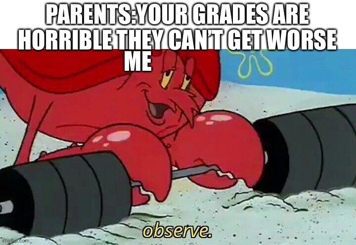 Observe | PARENTS:YOUR GRADES ARE HORRIBLE THEY CAN’T GET WORSE; ME | image tagged in observe | made w/ Imgflip meme maker
