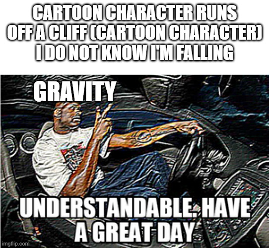 UNDERSTANDABLE, HAVE A GREAT DAY | CARTOON CHARACTER RUNS OFF A CLIFF (CARTOON CHARACTER)
I DO NOT KNOW I'M FALLING; GRAVITY | image tagged in understandable have a great day | made w/ Imgflip meme maker
