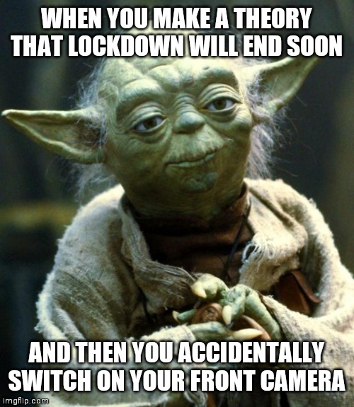 Star Wars Yoda | WHEN YOU MAKE A THEORY THAT LOCKDOWN WILL END SOON; AND THEN YOU ACCIDENTALLY SWITCH ON YOUR FRONT CAMERA | image tagged in star wars yoda,yoda meme,top meme,funny meme,lockdown meme,old meme | made w/ Imgflip meme maker